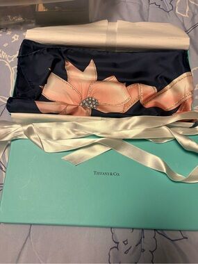 Tiffany & Co. Navy Silk Scarf with Pink Floral Ribbon Motif